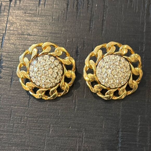 Gold and Silver Chain Link Pierced Rhinestone Earrings - Picture 1 of 7